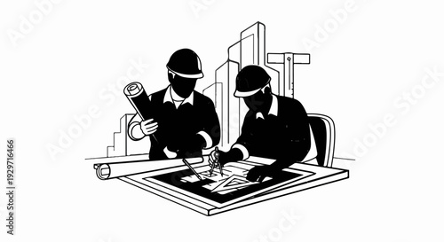 Two builders in hard hats collaborating on blueprints at a drafting table with a city skyline