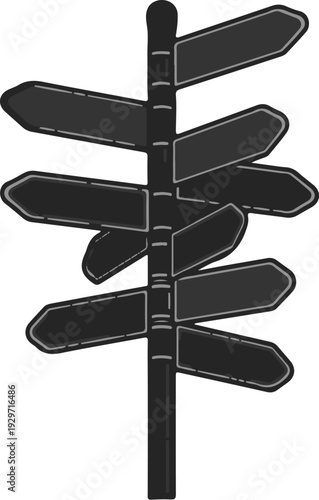 A black signpost with multiple arrow-shaped directional signs pointing in different directions