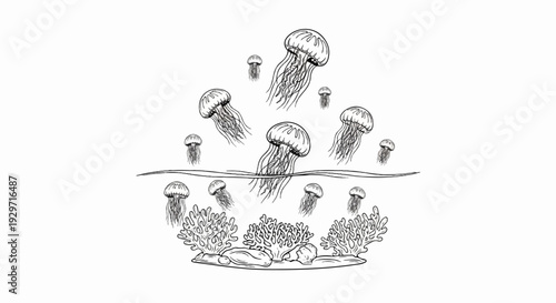 Jellyfish drift above coral reef in this black and white drawing