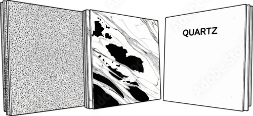 Three stacked surfaces showcasing stone textures, one with "QUARTZ" text