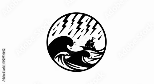 Sailing ship braves storm of lightning and waves within a circular emblem