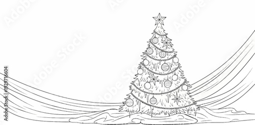 Outline drawing of a decorated Christmas tree with cascading lines on the right