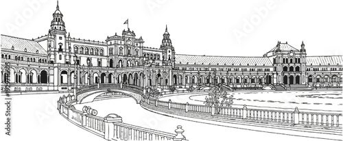 Ornate classical building with a grand facade, bridge over water, and manicured grounds
