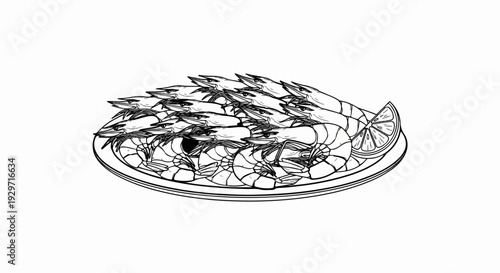 Stacked seafood with lemon slice on a plate