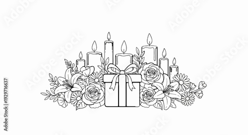 A line art illustration of a gift box adorned with flowers and lit candles