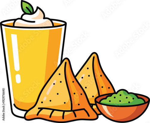 Crispy fried samosas with spicy green chutney dip and mango lassi drink on transparent background vector