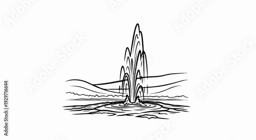 Stylized ink drawing depicts a geyser erupting powerfully amidst a barren landscape