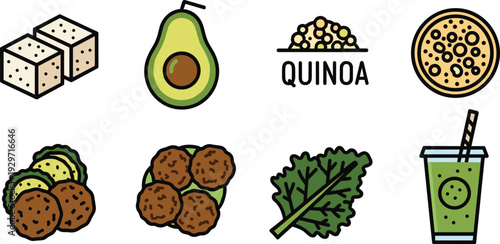 Healthy vegan food icons set including tofu avocado quinoa falafel and green smoothie on alpha background