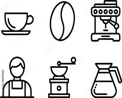 Black and white of coffee cup, bean, machine, barista, grinder, and coffee maker desi