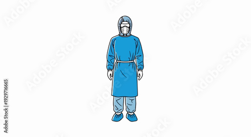 Illustration of a person in full protective medical gear, including a blue gown, mask, and hood
