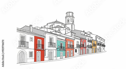 Colorful buildings ascend a gentle slope towards a prominent church tower