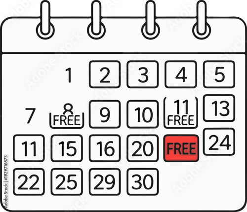 A calendar grid shows numbered days with some marked as "free" in red