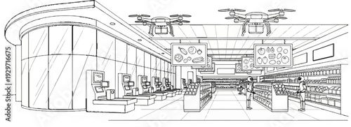 Modern grocery store with checkout stations and delivery drones overhead