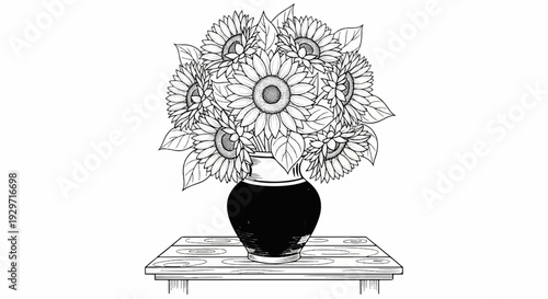 A bouquet of sunflowers in a dark vase sits on a wooden surface