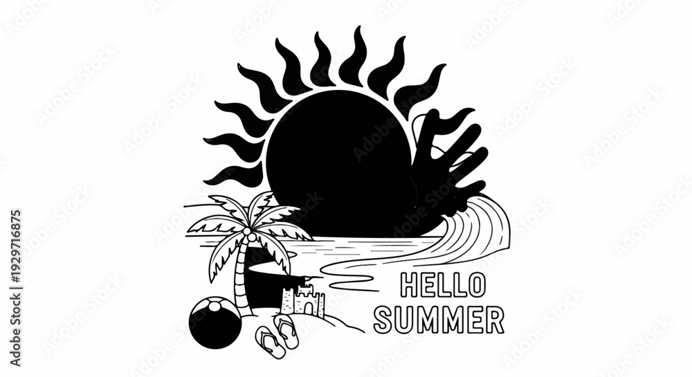 Obraz premium Black and white illustration of a sunny beach scene with palm tree and ocean