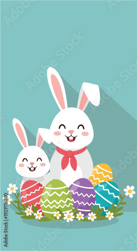 Cute cartoon bunny and eggs Easter background, flat vector style