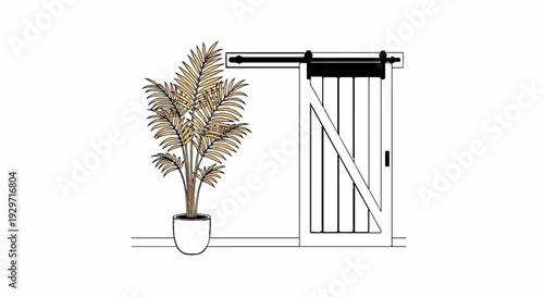 Potted palm plant beside a sliding barn door on a white background