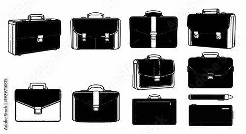 Collection of black and white illustrations of various briefcases and satchels
