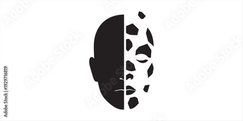 Face half turn view. Elegant silhouette of a female head. Short hair. Monochrome gamma. Grunge cracked texture avatar