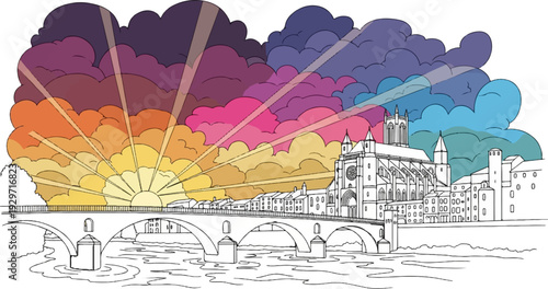 A vibrant, colorful sky with sunbeams illuminates a European city with a bridge and river