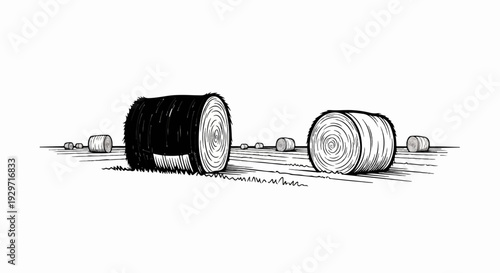 Rural landscape with large and small hay bales scattered across a field