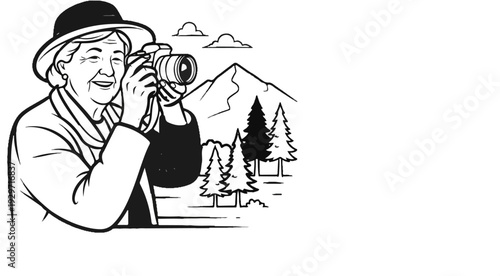 Elderly woman wearing a hat takes a photo in a scenic mountain landscape