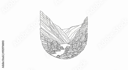Stylized line art depicts a canyon with a river and layered rock formations