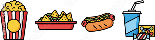 Cinema snack collection including popcorn tub nachos tray hot dog soda cup and colorful candy box sweets