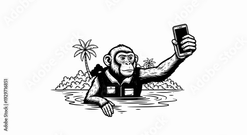 Chimp taking a selfie in tropical water, wearing a vest and holding a phone