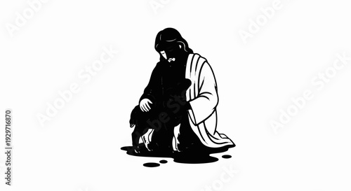 Stylized depiction of a person in robes embracing a lamb
