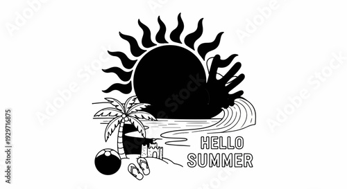 Black and white illustration of a sunny beach scene with palm tree and ocean