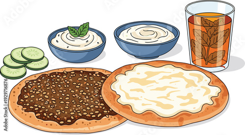 Arabic manakish flatbread with meat and cheese toppings served with labneh bowls and refreshing mint drink