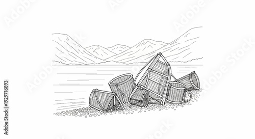 Fishing traps lie on a pebble beach with mountains and water in the background