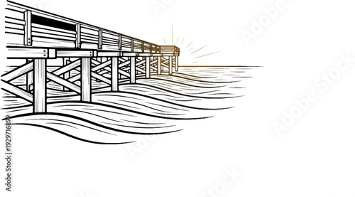 Wooden pier extending over wavy water with sun rays at dusk