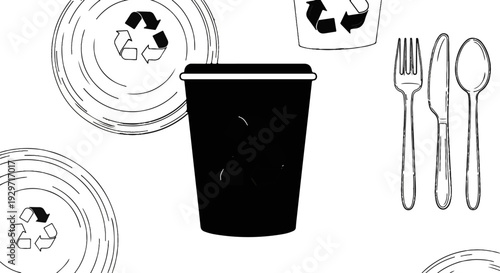 Black cup with recycling symbol, flatware, and circular designs with recycling symbols