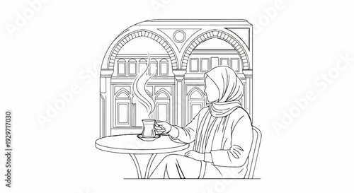 Person in hijab enjoys steaming tea at table in ornate outdoor setting