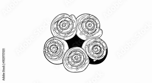 A hand-drawn illustration of five frosted cinnamon rolls arranged in a circle
