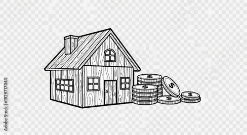 Hand-drawn outline of a wooden house with stacks of coins in front of it