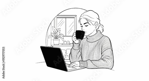 Woman wearing a striped sweater sips coffee while working on a laptop