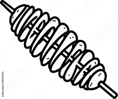 A hand-drawn black and white illustration of spiral-cut potato on a stick