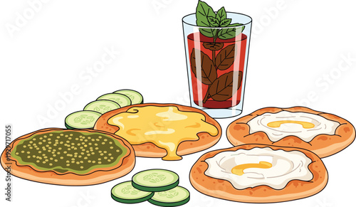 Middle eastern breakfast with zaatar cheese and egg manakish served with fresh cucumber and mint tea glass