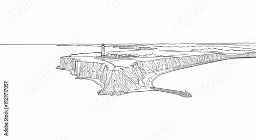 Coastal cliff with a lighthouse and buildings overlooking the sea