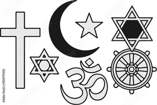 Collection of religious symbols representing diverse faiths and spiritual beliefs
