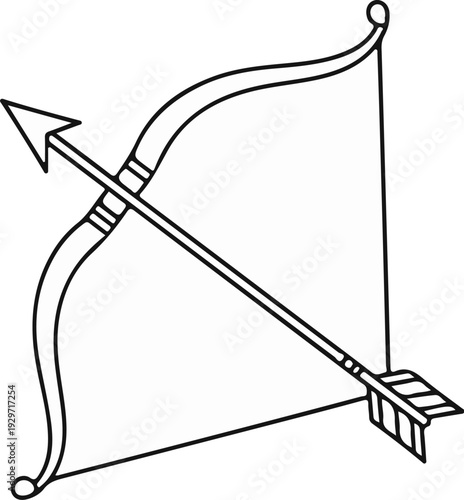 A stylized black and white illustration of a bow and arrow