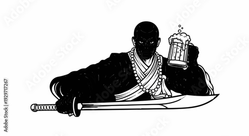 Monochrome illustration of a black-clad figure with a shaved head, holding a sword and a frothy beer mug