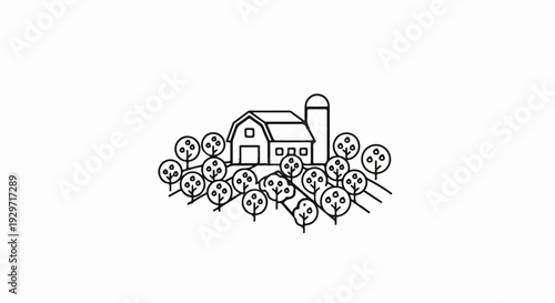 A simple line drawing of a barn and silo surrounded by fruit trees on a field