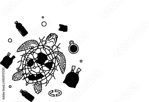 Sea turtle entangled in fishing net surrounded by plastic pollution