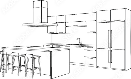 Modern kitchen illustration with island, stools, refrigerator, and cabinets