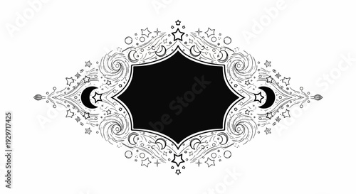 Ornate frame with celestial motifs including crescent moons and scattered stars