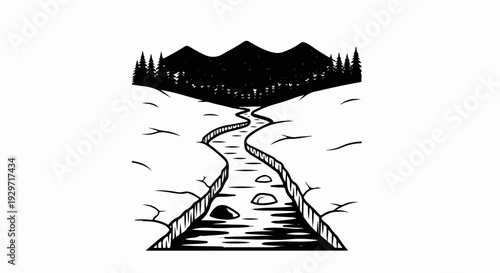 Black and white sketch of a winding river flowing between rocky banks towards mountains